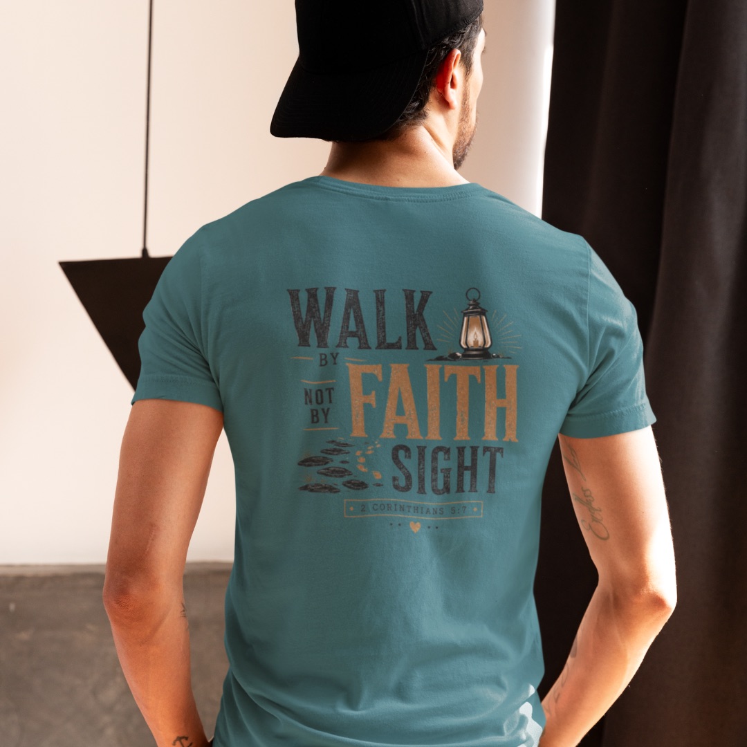 Walk by faith, not by sight Bio Baumwolle T-Shirt 15 Mann trägt T-Shirt mit Bibelvers 'Walk by Faith, Not by Sight' in christlichem Shop.