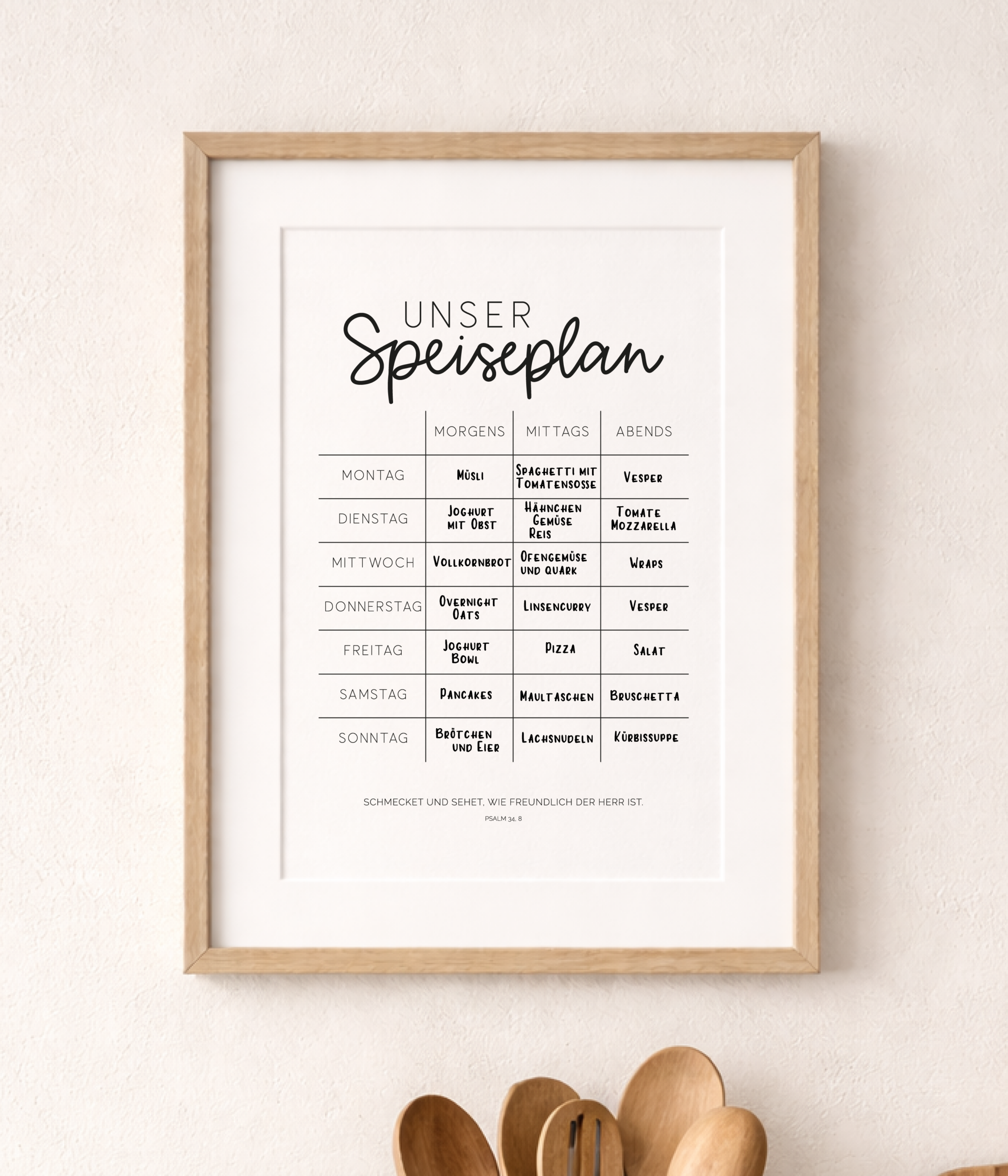 Speiseplan mit Bibelvers 2 Christlicher Essensplan in Holzrahmen an Wand, mit Mahlzeiten für jeden Tag.