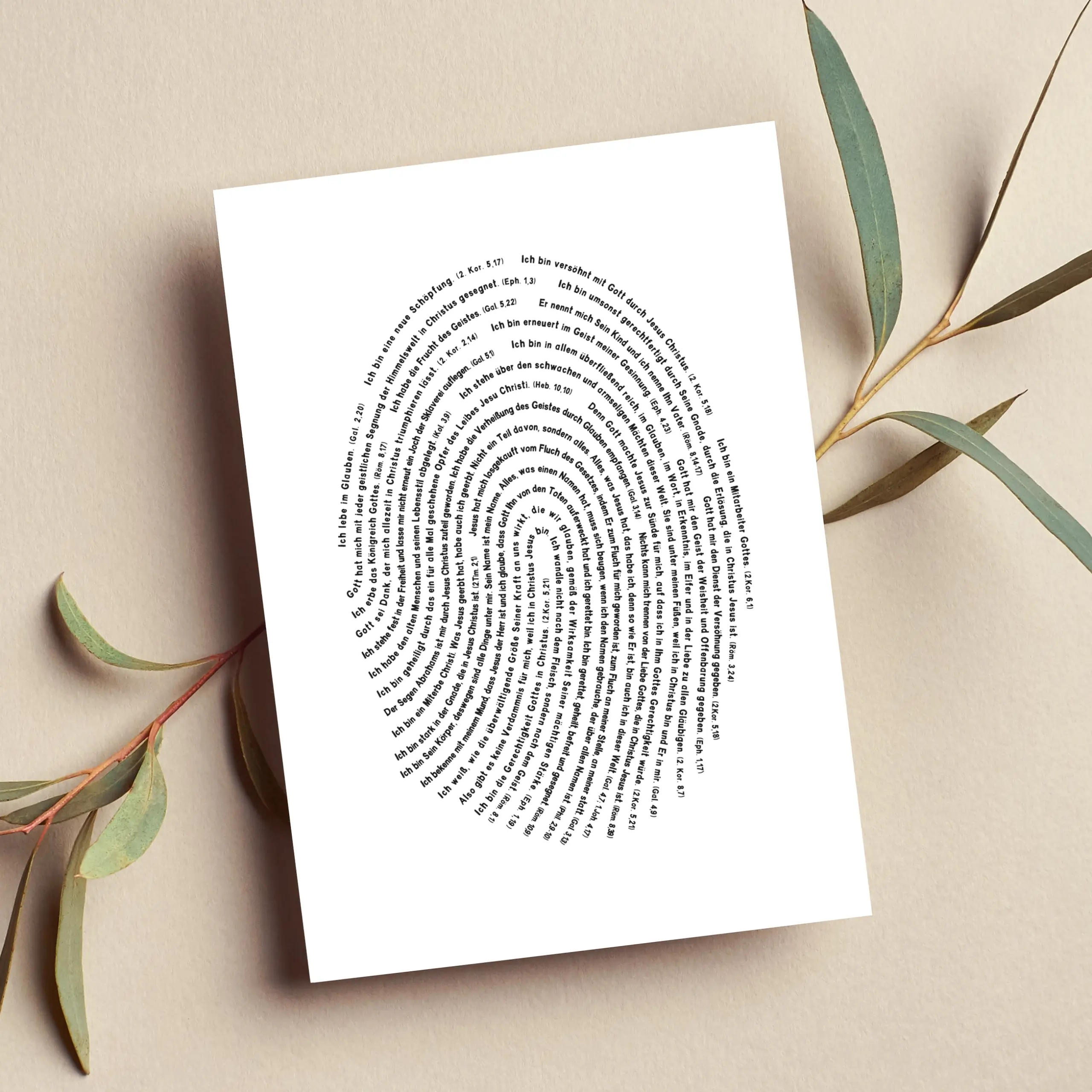 ,,Meine Identität in Christus“ - Postkarte 2er Set 1 Fingerabdruck aus Text mit christlichen Zitaten auf weißem Hintergrund.