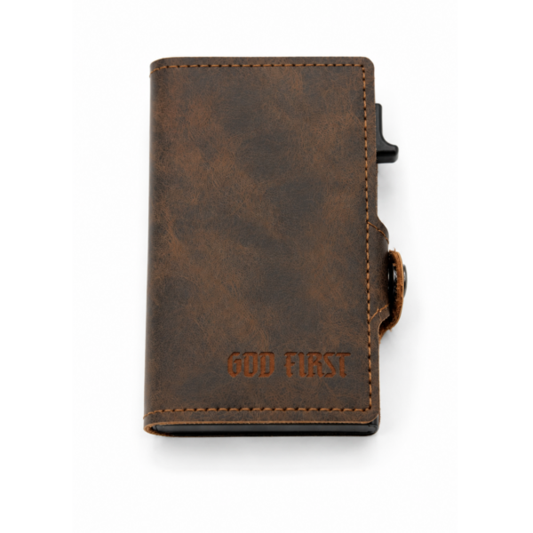 Ledergeldbörse mit 'GOD FIRST'-Aufdruck, christliches Accessoire, Geschenkidee.