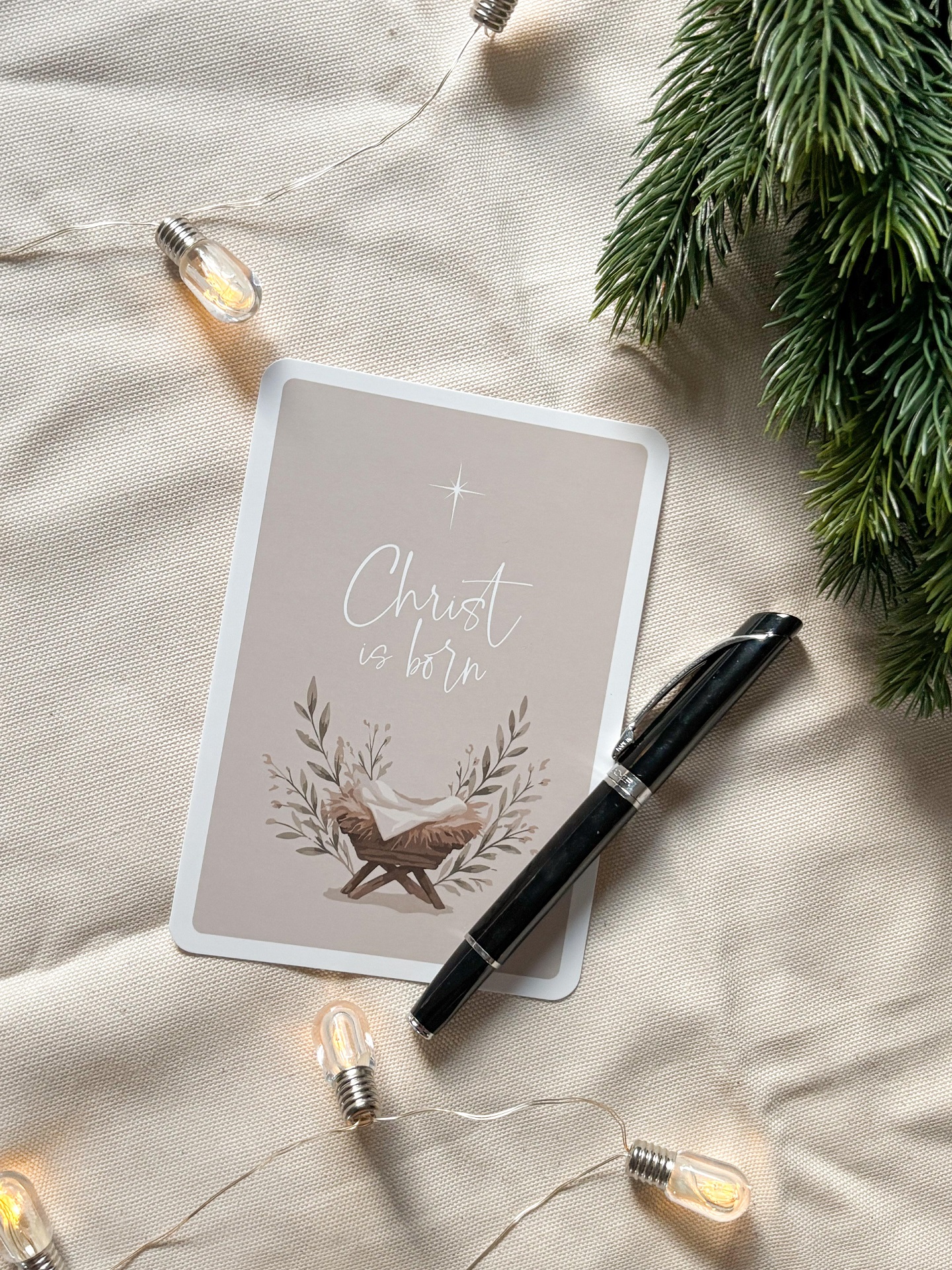 Postkarten-Set »o holy night« 10 Weihnachtskarte mit Jesus-Symbol, Stift und Lichterkette auf Stoff.